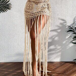 Apricot Boho Women's Beach Fringe Crochet Cover Up Skirt Music Festival